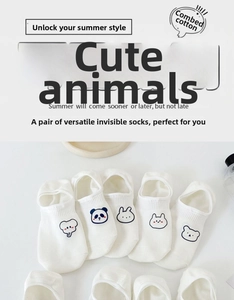 Detail of white combed cotton invisible boat socks featuring cute animal embroidery