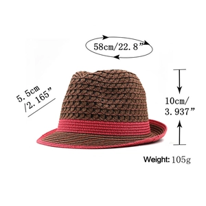 Detailed size specifications for a brown straw jazz hat with pink trim accents