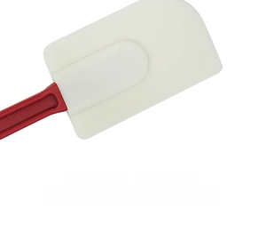 Detail of red non-slip spatula handle with hook for storage and secure grip