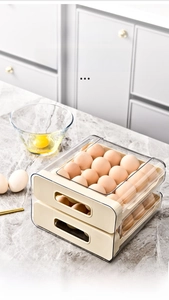Dual-layer drawer-style 32-egg storage box with clear lid for fridge organization