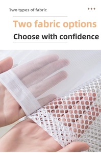 Detail showing two mesh fabric textures of white drawstring laundry wash bags