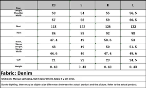 Tableau des tailles détaillé pour ensemble en jean avec mesures des vêtements femme