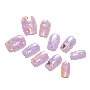 Aurora purple cat eye press-on nails with 3D pearls and star charms, mermaid style