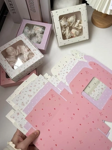 Foldable gift box with window in pink hearts, white floral, and purple polka dot patterns