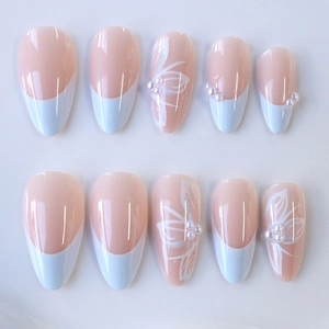 Classic French light blue almond press-on nails with 3D pearls and white flower patterns