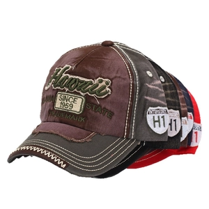 Distressed washed denim baseball caps with Hawaii 3D embroidery and vintage patch style