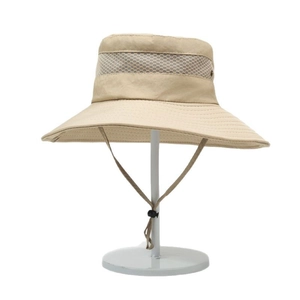 Outdoor khaki sun hat with breathable mesh band and adjustable windproof chin strap