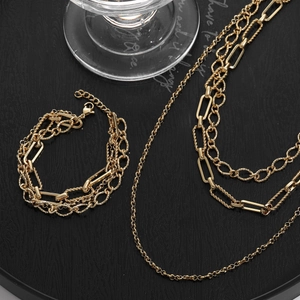 Three-layer 18k gold plated stainless steel paperclip chain necklace and bracelet set