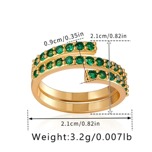 Detail showing dimensions and weight of the gold double-layer green zircon open ring