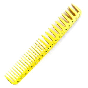 Yellow hair cutting comb with measuring scale and AH-04 11 model number for hair styling