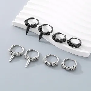 Stainless Steel Hoop Earrings With Cone Spike Pendant Round Bead Carved Texture Punk Hip Hop Jewelry For Men