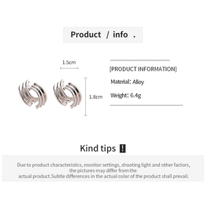 Detailed specs of silver geometric C-shape alloy earrings showing 1.5cm width and 6.4g weight