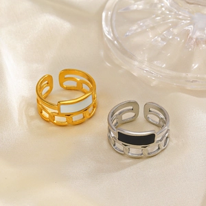 Adjustable stainless steel chain rings with gold and silver finishes and enamel inlays