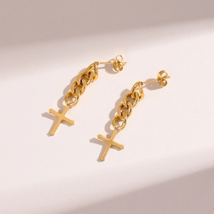 Golden cross pendant earrings with Cuban chain tassels and minimalist stud design