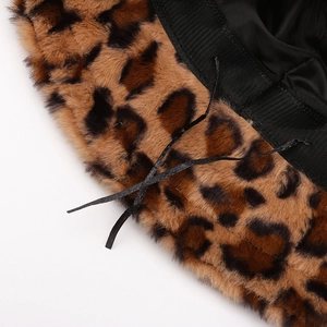 Winter faux fur leopard print bucket hat with plush texture and adjustable inner drawstring