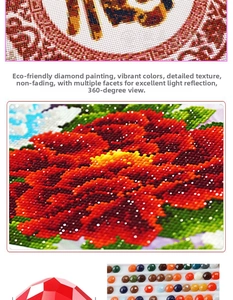 Detail of 5D diamond painting showing 360-degree reflective resin drills and floral design