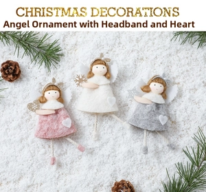Three plush Christmas angel ornaments with sequins and pearls on white snow with pine cones