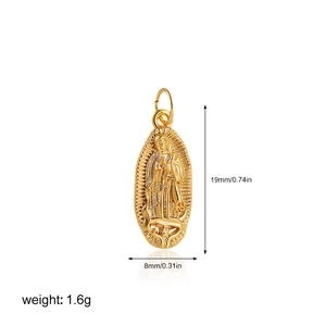 Detailed view of an 18K gold-plated oval religious pendant with weight and size dimensions