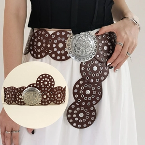 Vintage bohemian brown leather waist belt with ornate silver floral buckle for dresses