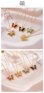 Detail of butterfly necklace with multi-colored crystals and gold-plated chain