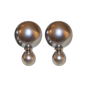 Elegant double-sided faux pearl stud earrings with silver pins and metallic connectors