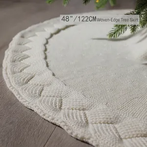 48 inch cream white knitted Christmas tree skirt with decorative woven edge trim