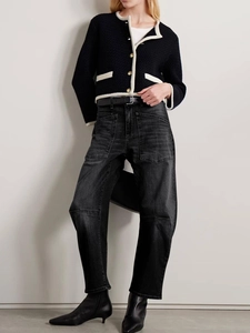 Women vintage high waist deconstructed washed cargo jeans with tweed jacket and boots