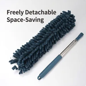 Extendable chenille duster with blue microfiber head and telescopic stainless steel handle