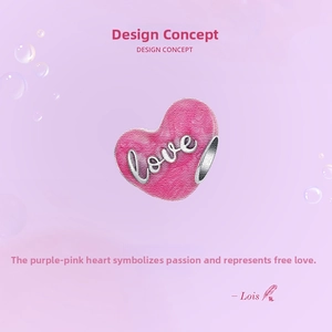 Macro detail of 925 sterling silver pink heart charm with knitted texture and love engraving