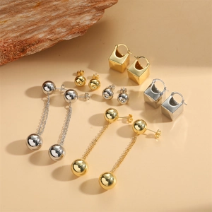 Minimalist 14K gold plated geometric earrings set with studs and drop styles on rock