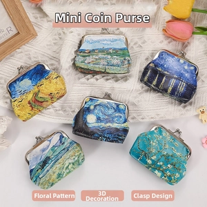 Detail of mini clasp purses featuring Van Gogh oil painting prints on textured fabric