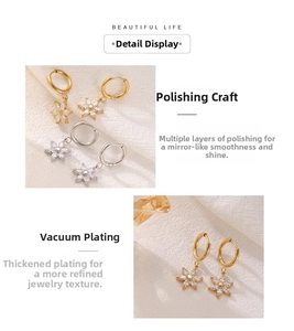 Close-up of polished sunflower earrings with white zircons and vacuum plating detail
