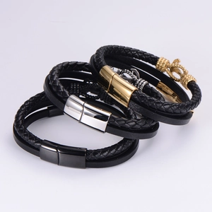 Multi-layer braided leather bracelet with stainless steel magnetic anchor clasp