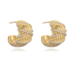 Vintage C-shaped 18K gold plated earrings with zircon accents and textured metal design