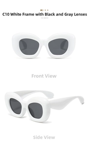 Front and side view of chunky white frame sunglasses with dark grey lenses in detail