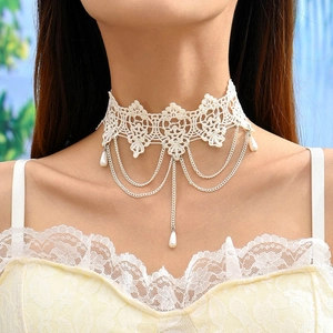 White Lace Choker Necklace Alloy Layered Chain With Waterdrop Faux Artificial Pearl Pendants Elegant Romantic For Women Wedding