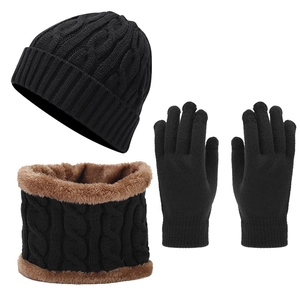 Winter cable knit set featuring a black hat, fleece-lined neck warmer, and gloves