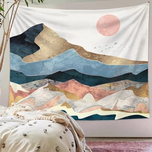 Detail of Nordic abstract tapestry featuring mountain landscape and sunset on bedroom wall