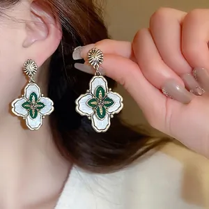 Boucles D'oreilles Pendantes Fleurs Vintage Françaises Émail Vert Avec Tige En Argent Sterling 925 Pour Femme
