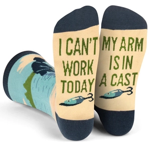 Detail of funny beige crew socks with blue fishing pattern and humorous text on the sole