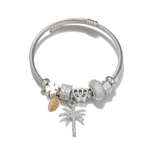 DIY stainless steel charm bracelet with silver palm tree, clover, and crown pendants