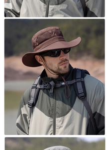 Détail du chapeau de soleil marron foncé avec maille respirante et mentonnière réglable