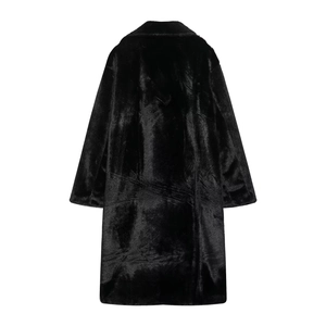 Detailed back view of a long black faux fur coat featuring a soft luxury texture