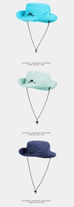 Detail view of quick-dry outdoor bucket hats in blue, mint green, and navy colors