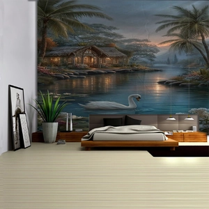 Schlafzimmer-Szene mit Schwanensee-Sonnenuntergang Wandteppich, Palmen und einer Hütte