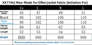 Detailed size chart for faux fur animal print jacket showing measurements in centimeters