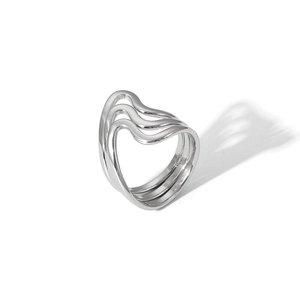 Macro view showing the triple layered wavy design and polished finish of this steel ring