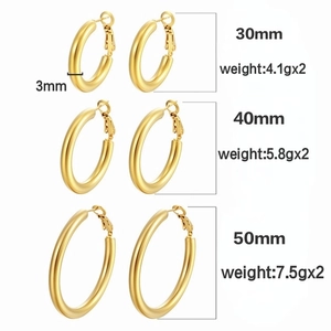 Three sizes of 3mm thick gold hoop earrings in 30mm 40mm and 50mm diameter options