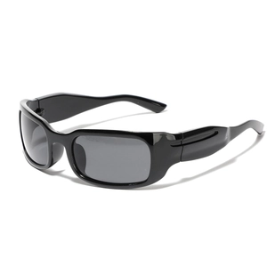 Y2K futuristic wrap-around rectangular sunglasses with sleek black frame and gray lenses