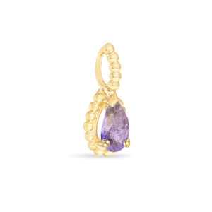 Macro view of a pear-cut purple gemstone pendant with detailed gold beaded texture